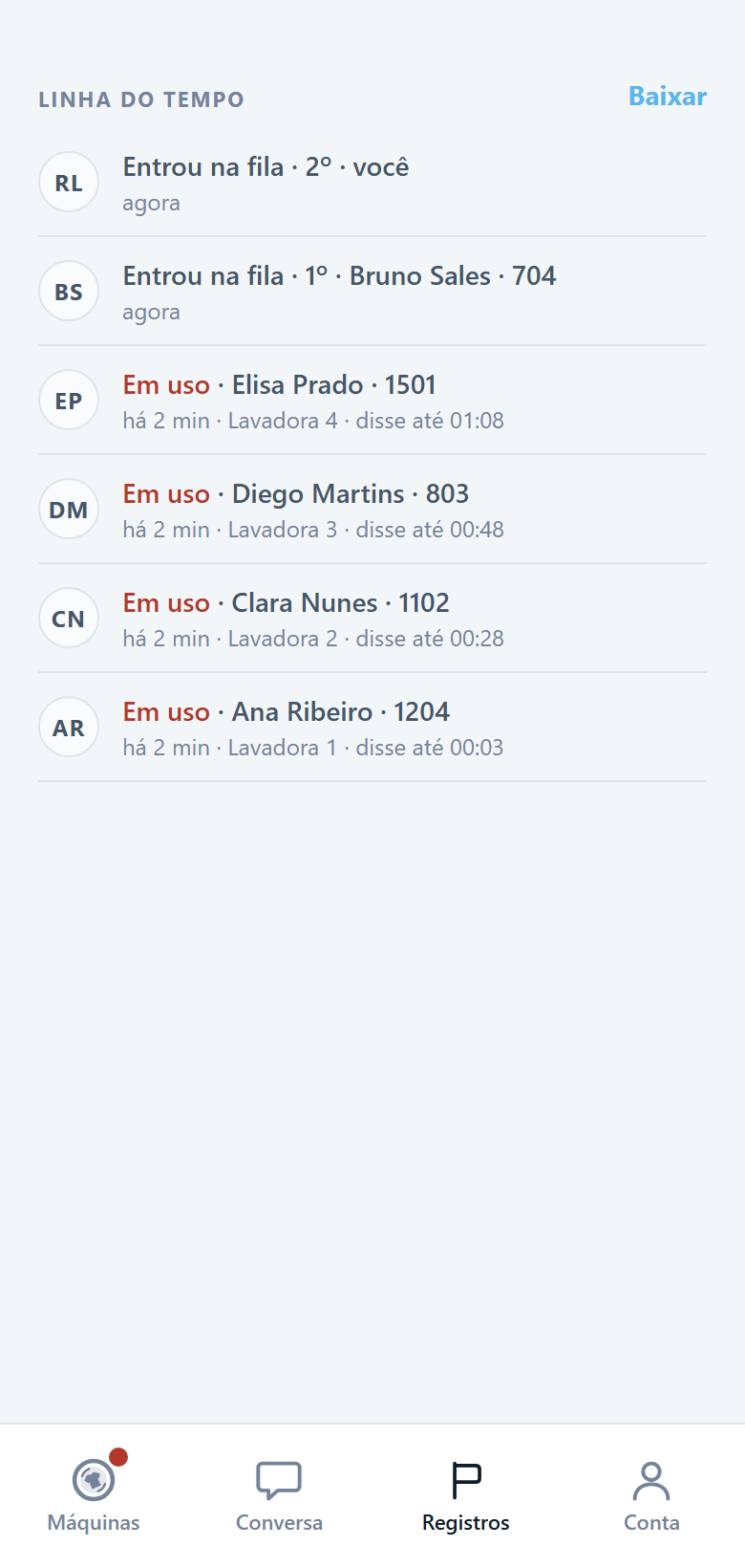 Tela de registros: a linha do tempo da lavanderia, com cada lavagem e cada entrada na fila.